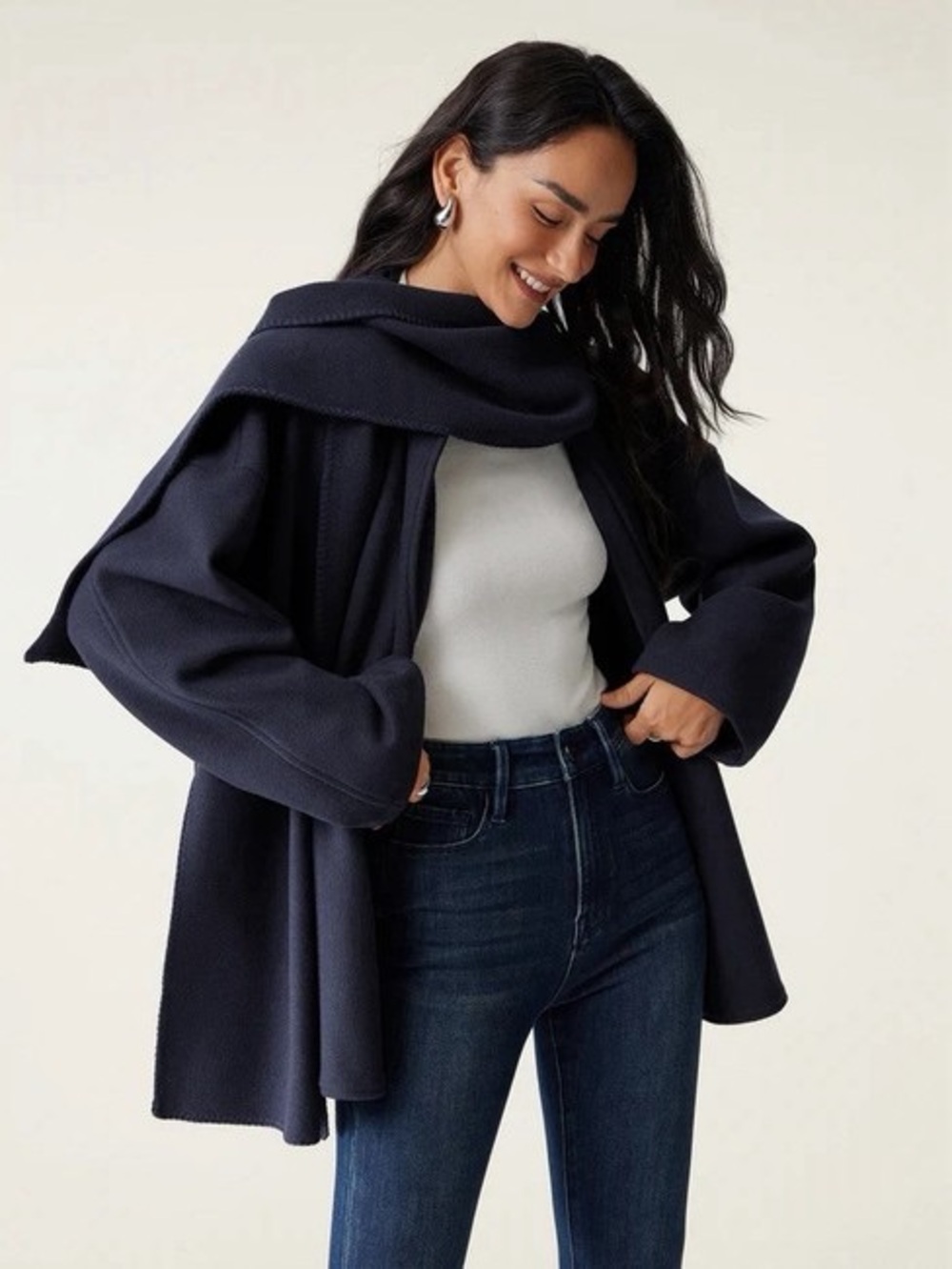 NWT OGL CashSoft Oversized Scarf Jacket Classic Navy Open Front Sweater L